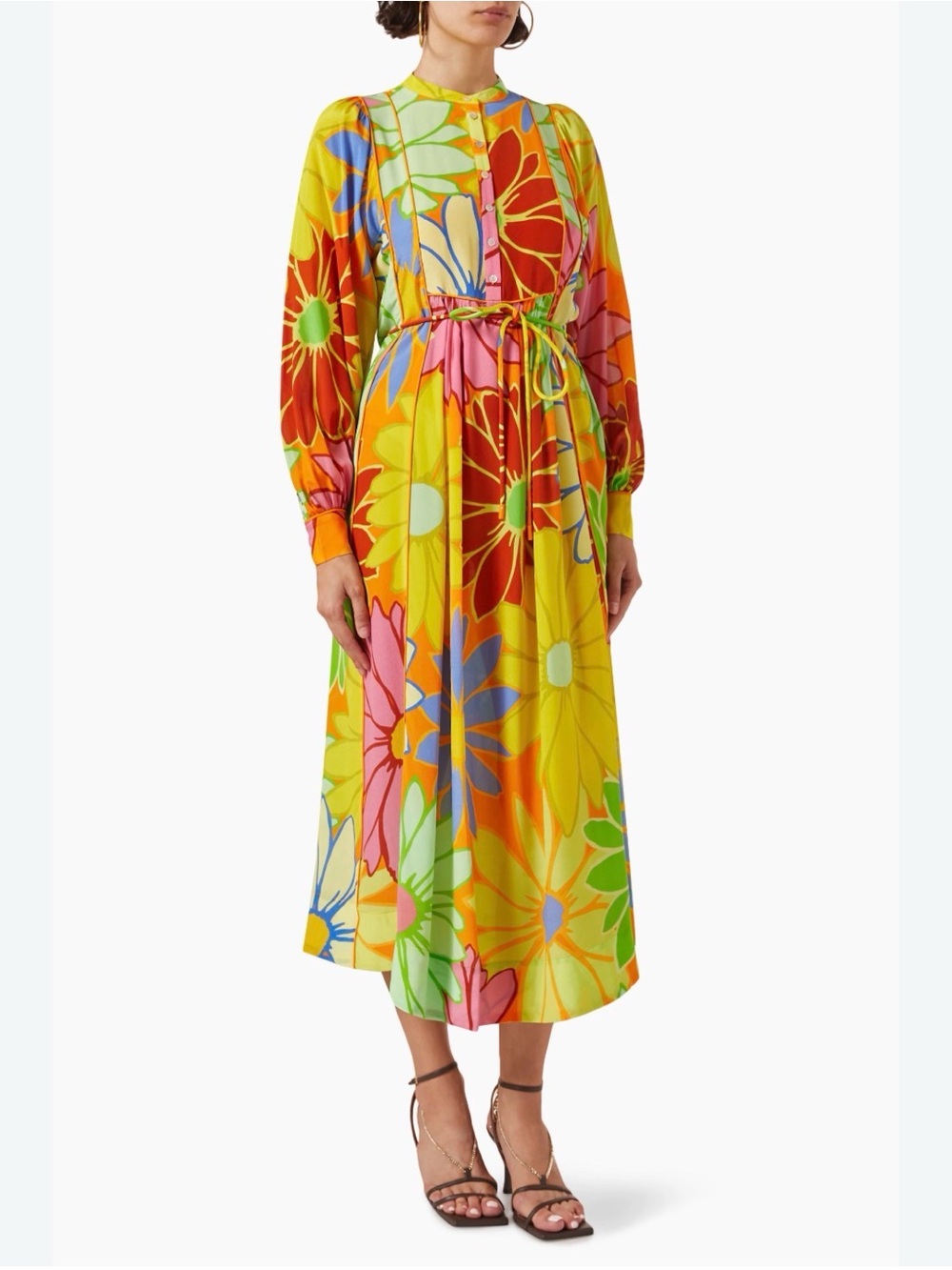 Alemais Yellow Multi-Color Floral Long-Sleeve Midi Dress
